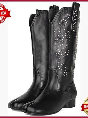 Women's Mid Calf Tabi Boots Split Toe Slouchy Wrinkled Boots Low Heels